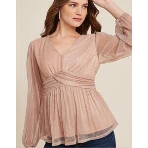 Maurices Top Blouse Womens X-Large Babydoll Pink Blush Rose Gold Metallic Twist
